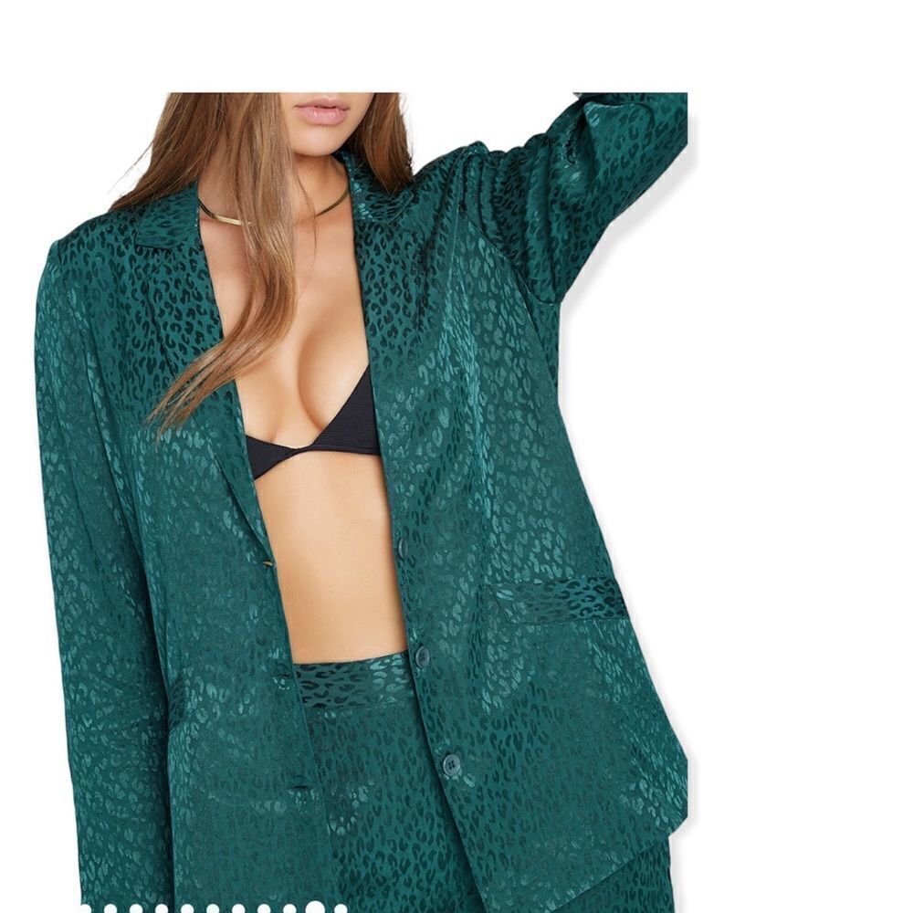 L*Space Green Bennytt Viscose Blazer Ultramarine Emerald Green Leopard Print 6 - Picture 2 of 13